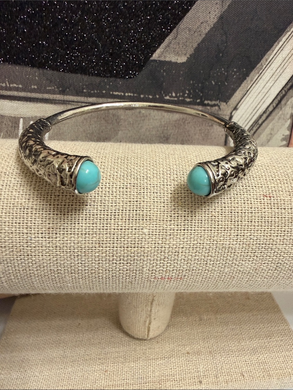 Turquoise Stone Silver-Tone Open Cuff Bracelet